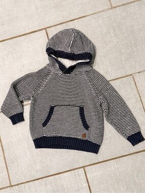 Janie and Jack boys striped navy knit sweater with hoodie, size 2T